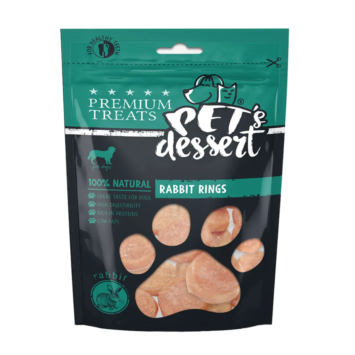 PET'S DESSERT Rings, XS-XL, Iepure, punguta recompense fara cereale caini, 80g - Image 2