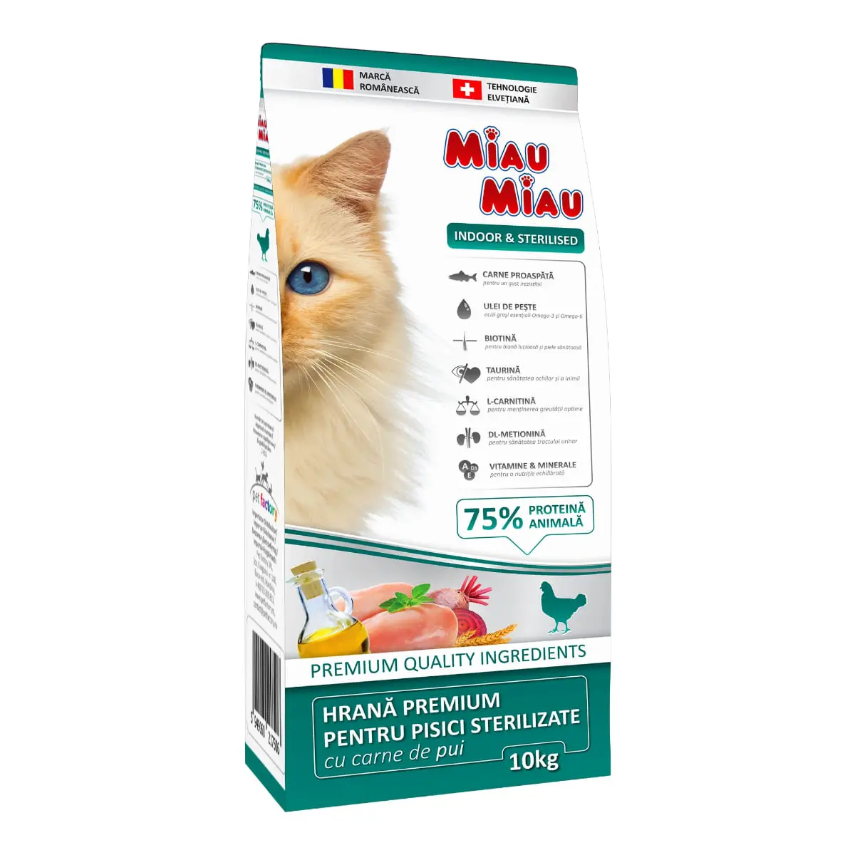 MIAU MIAU Indoor & Sterilised, Pui, hrana uscata pisici sterilizate, 10kg