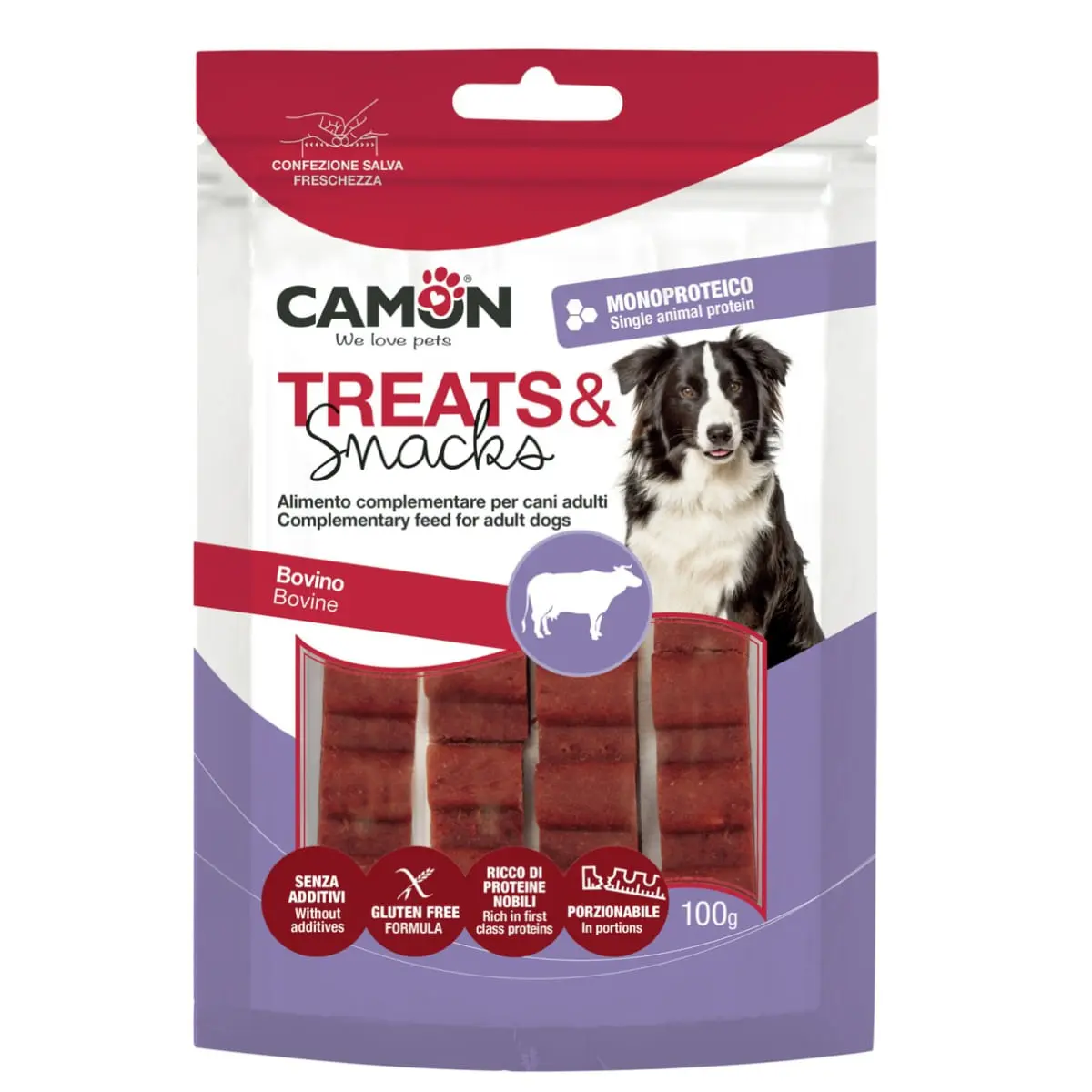 CAMON Beef Bar Snack, XS-XL, Vita, punguta recompense monoproteice caini, 100g