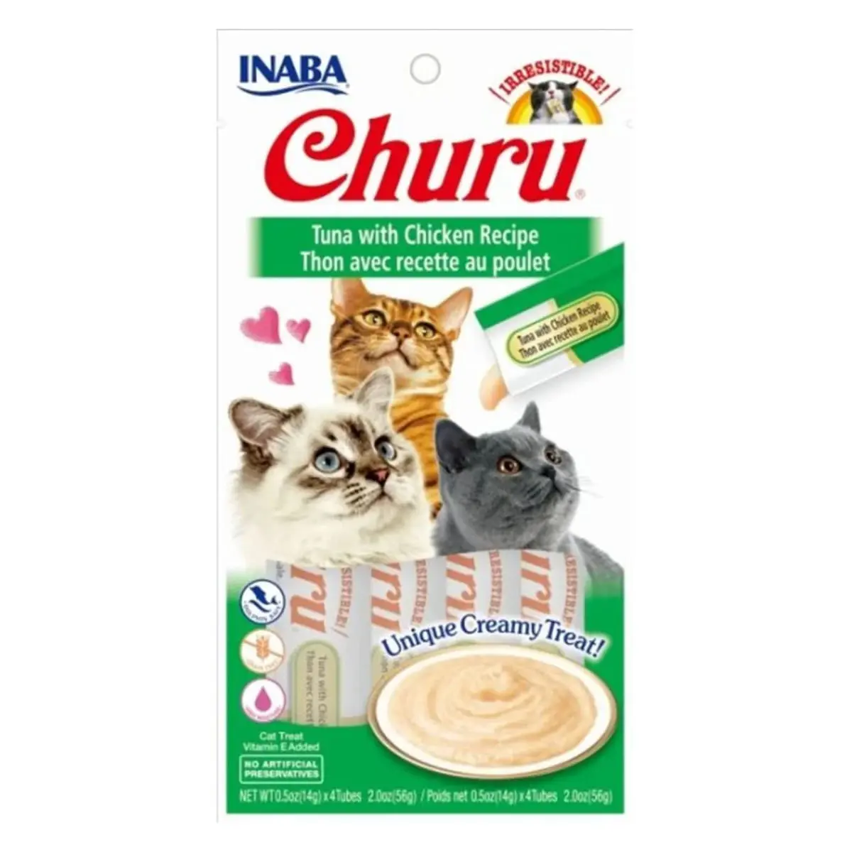 INABA Churu Creamy, Ton si Pui, plic recompense fara cereale pisici, (piure), 56g