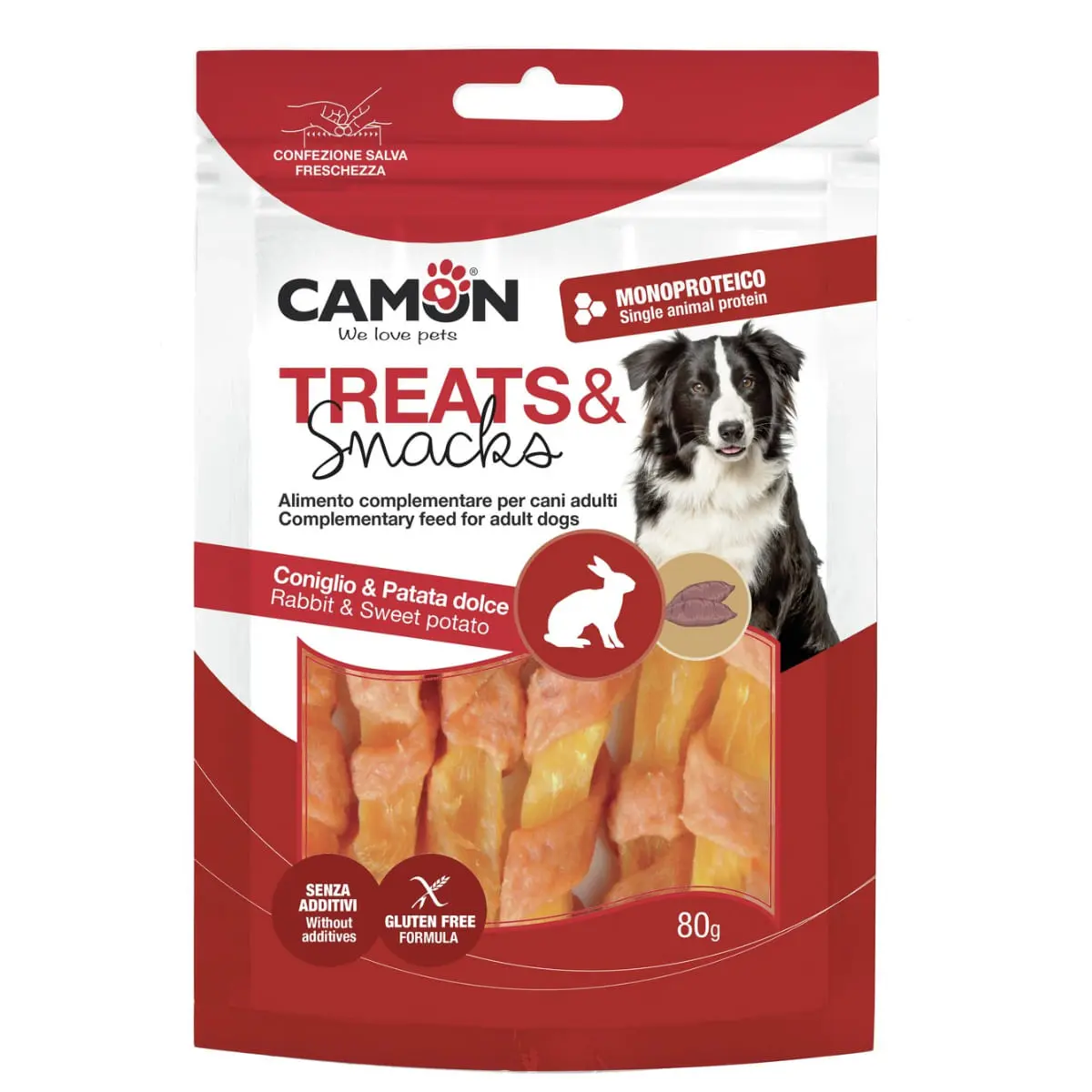 CAMON Strips, XS-XL, Iepure si Cartof Dulce, punguta recompense caini, 80g