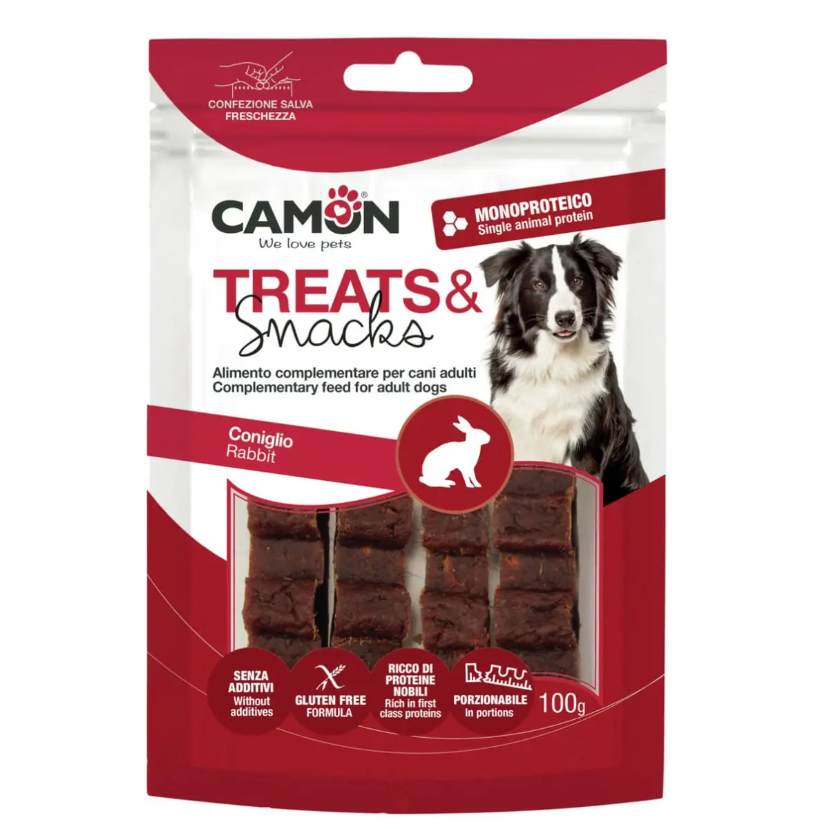CAMON Rabbit Bar Snack, XS-XL, Iepure, punguta recompense monoproteice caini, 100g