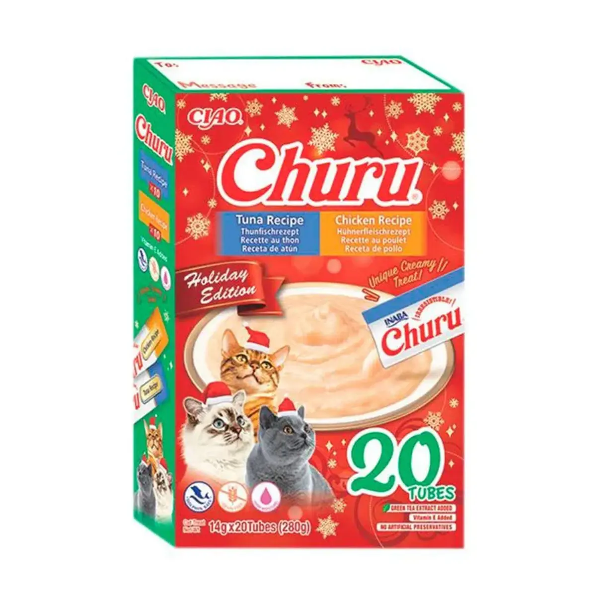 INABA Churu Holiday Edition Box, Pui si Ton, cutie recompense fara cereale pisici, (piure), 280g