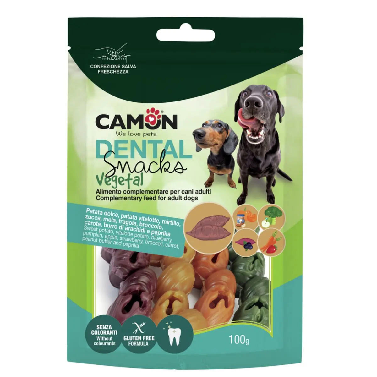 CAMON Dental Snack Mix Veggie Bells, XS-XL, Cartof Dulce si Fructe, punguta recompense caini, 100g