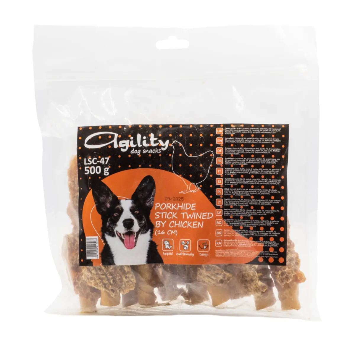 AGILITY Betisoare de 16 cm din Piele Impletite, XS-XL, Porc si Pui, galetusa recompense caini, 500g - Image 2