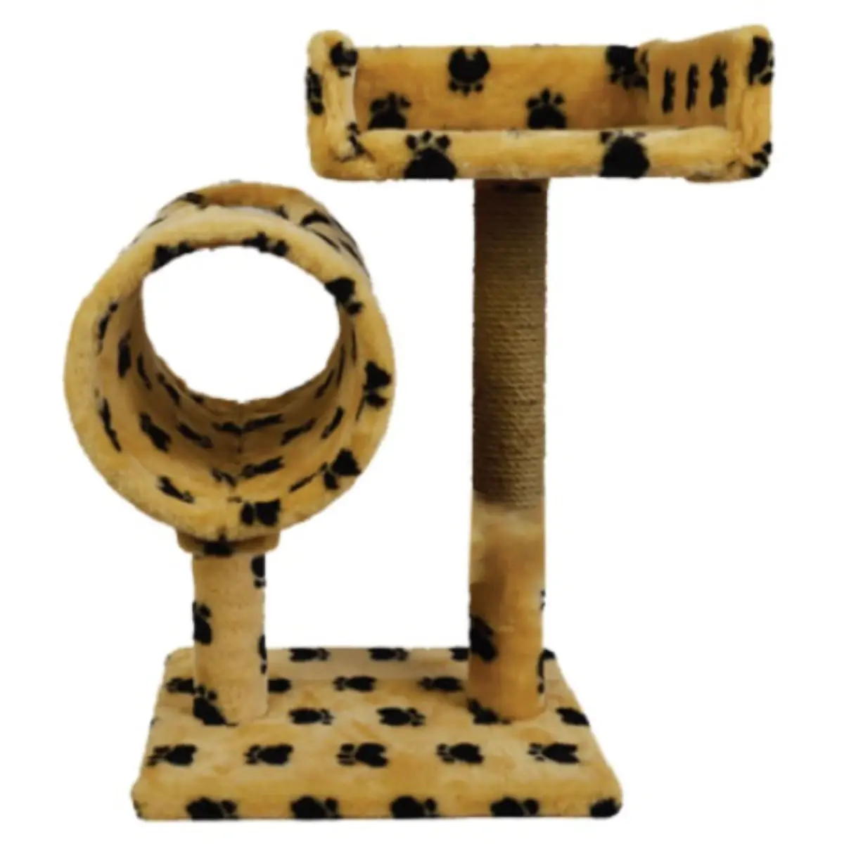 AGILITY, ansamblu de joaca pisici, 2 etaje, lemn si plus, imprimeu labute, elemente tunel, elemente de zgariat, bej si negru, 75cm