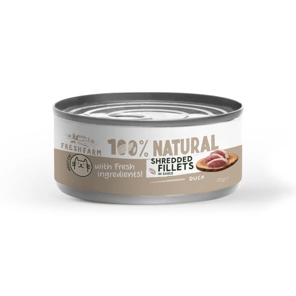 FRESH FARM Schredded fillets, Rata si Pui, conserva hrana umeda fara cereale pisici, (in sos), 70g