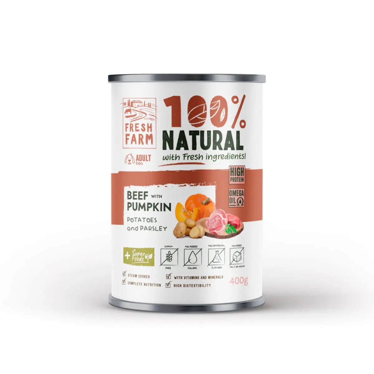 FRESH FARM Coarse, XS-XL, Vita si dovleac, conserva hrana umeda fara cereale caini, (pate), 400g