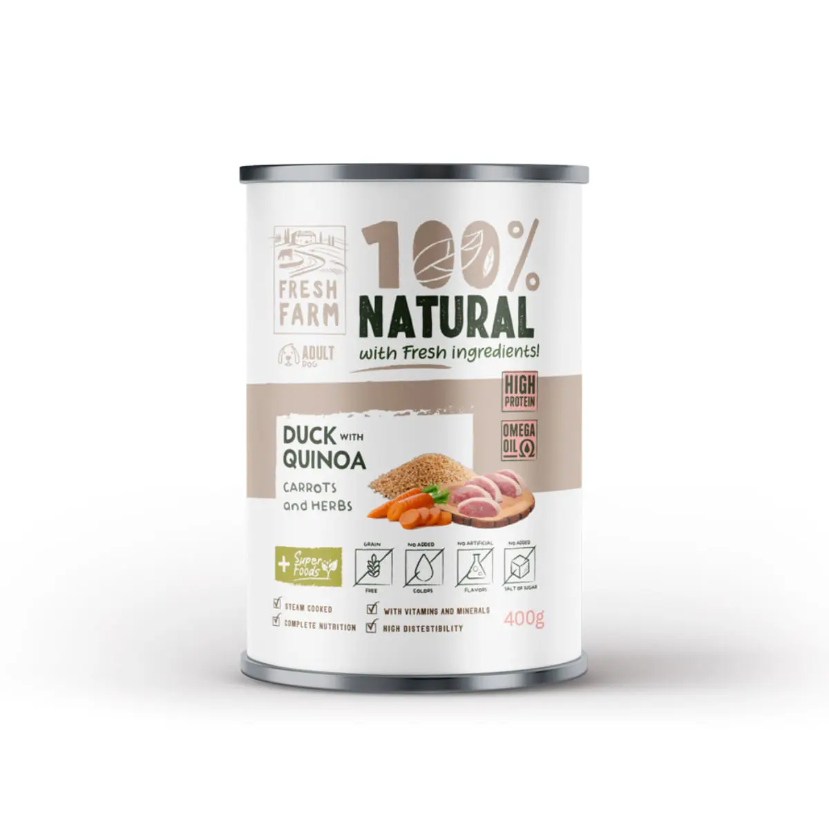 FRESH FARM Coarse, XS-XL, Rata si Quinoa, conserva hrana umeda fara cereale caini, (pate), 400g