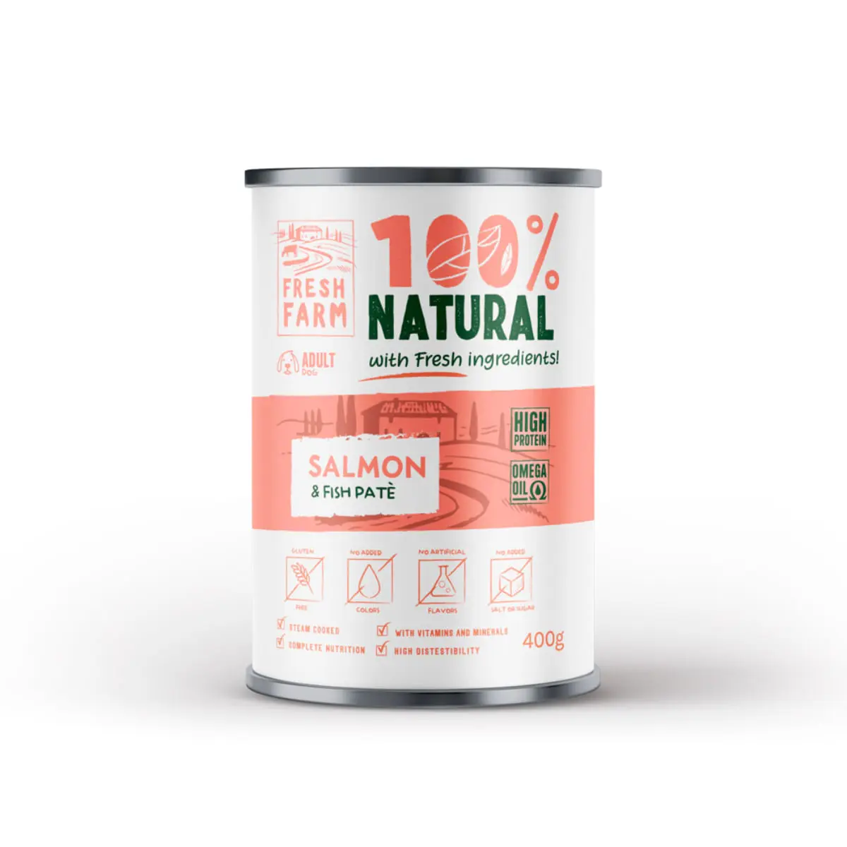 FRESH FARM Smooth, XS-XL, Peste si Somon, conserva hrana umeda caini, (pate), 400g