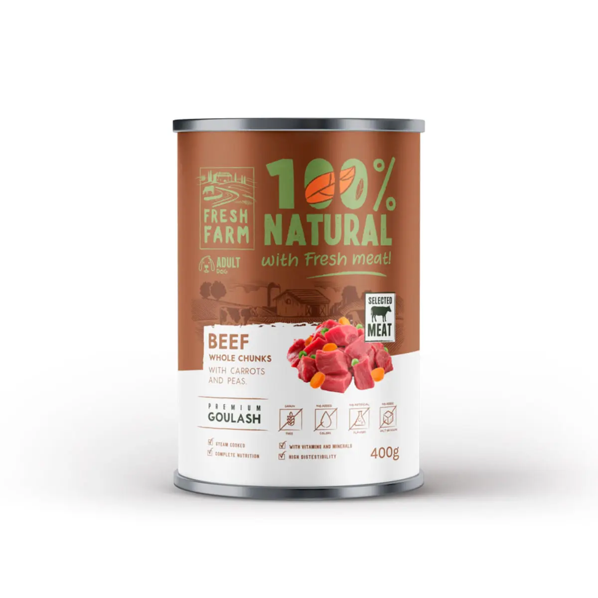 FRESH FARM Goulash, XS-XL, Vita, conserva hrana umeda fara cereale caini, (in supa), 400g