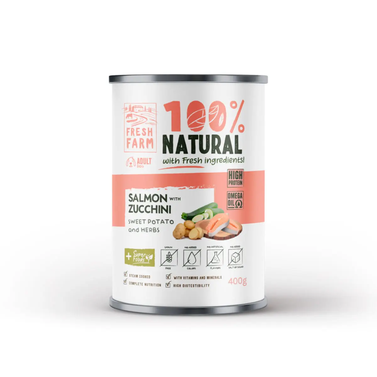 FRESH FARM Coarse XS-XL, Somon si Zucchini, conserva hrana umeda fara cereale caini, (pate), 400g