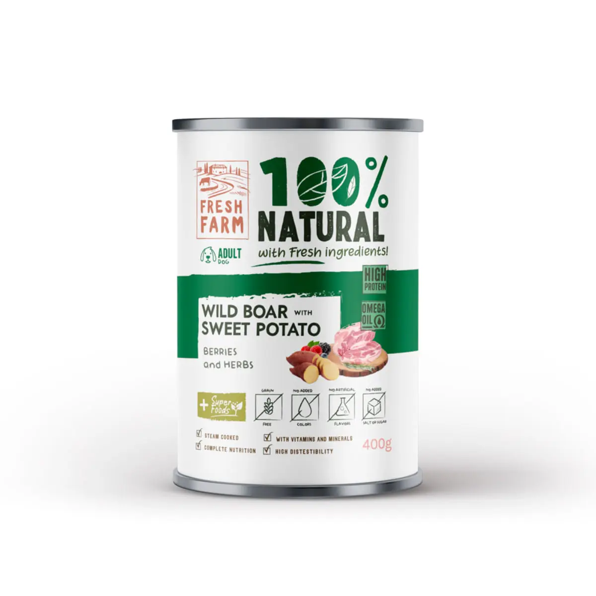 FRESH FARM Coarse, XS-XL, Mistret si Cartof Dulce, conserva hrana umeda fara cereale caini, (pate), 400g - Image 2