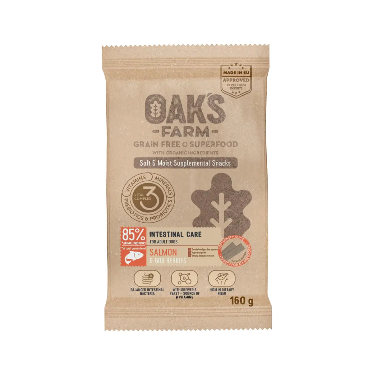 OAK'S FARM Intestinal Care, Somon, punguta recompense functionale fara cereale caini, sistem digestiv, 160g