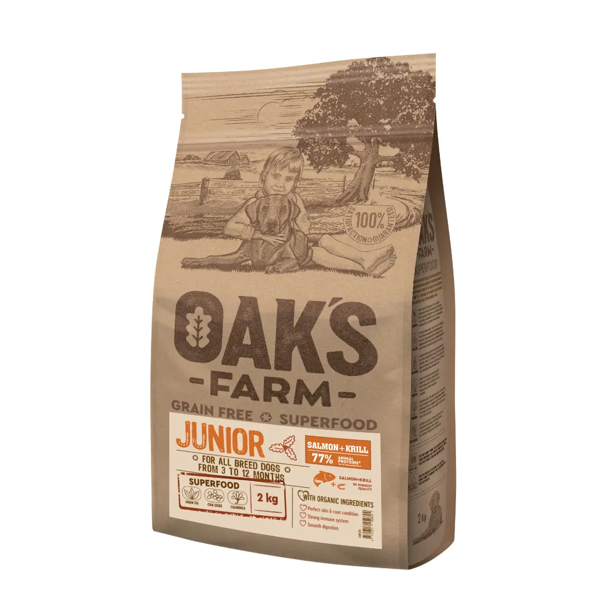 OAK'S FARM Junior, XS-XL, Somon, hrana uscata fara cereale caini junior, 12kg