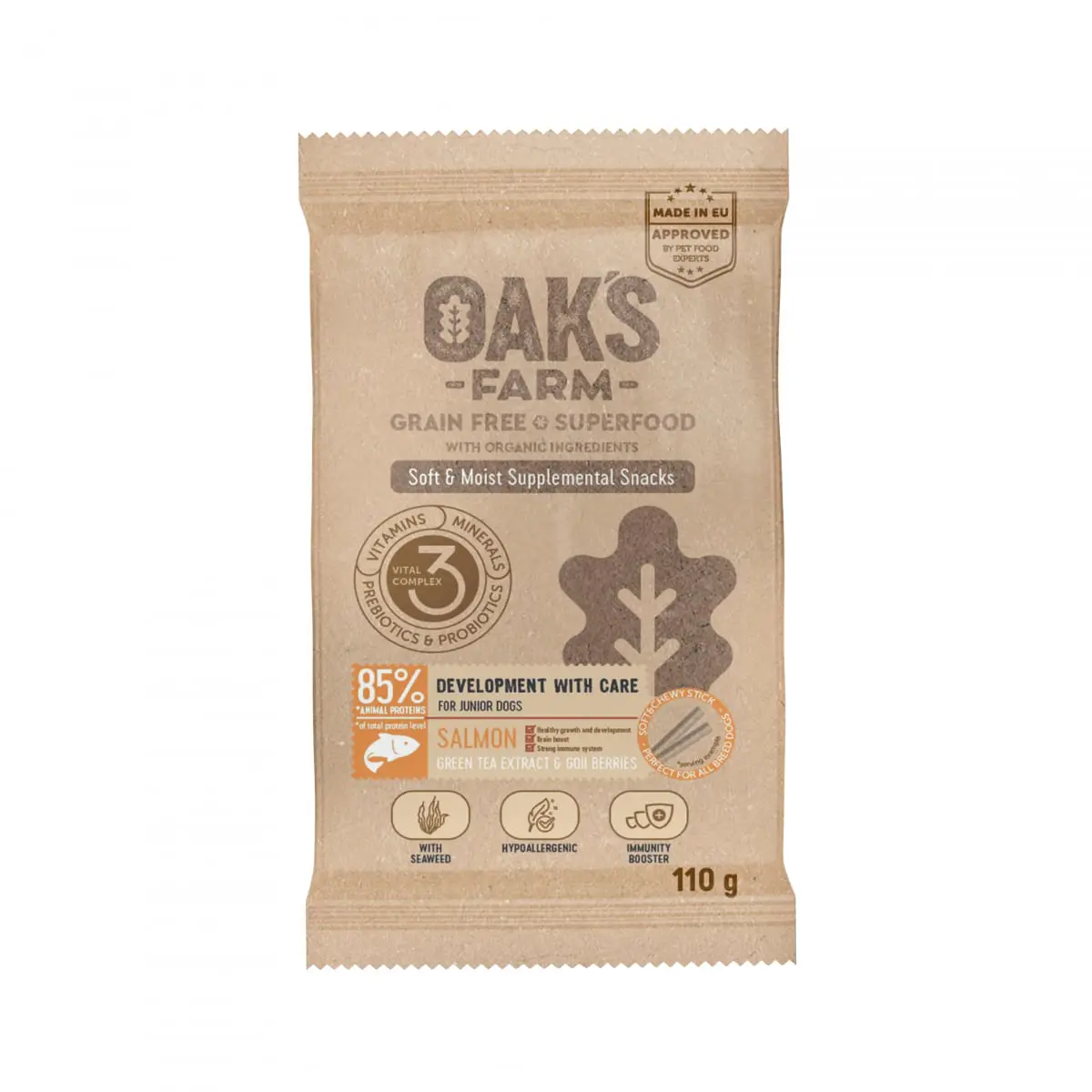 OAK'S FARM Development with Care, Somon, punguta recompense functionale fara cereale caini junior, 110g