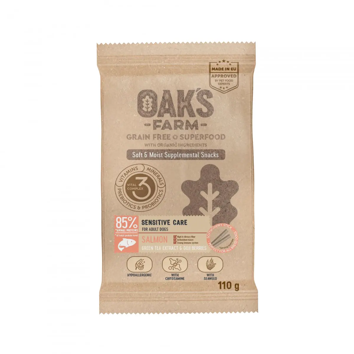 OAK'S FARM Sensitive Care, Somon, punguta recompense functionale fara cereale caini, alergii, 110g