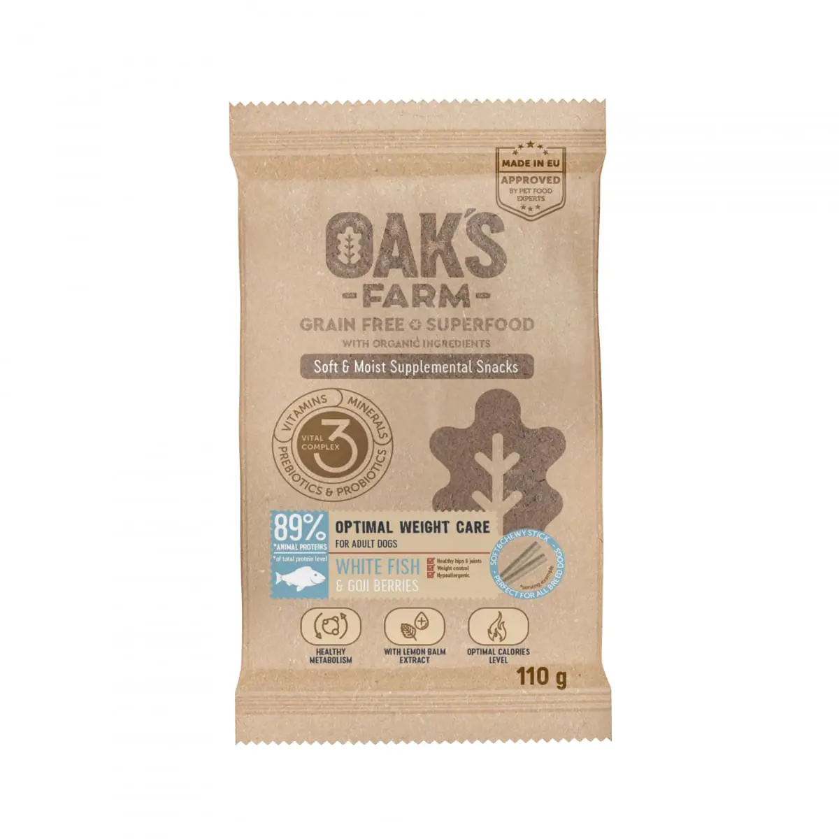 OAK'S FARM Optimal Weight Care, Peste alb, punguta recompense functionale fara cereale caini, obezitate, 110g