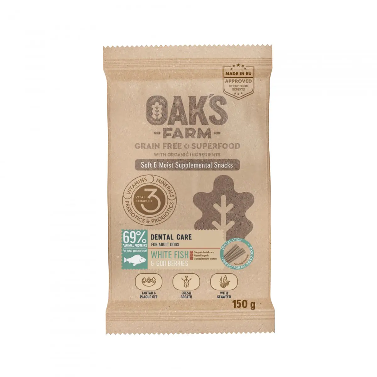 OAK'S FARM Dental Care, Peste alb, punguta recompense functionale fara cereale caini, sensibilitati dentare, 150g