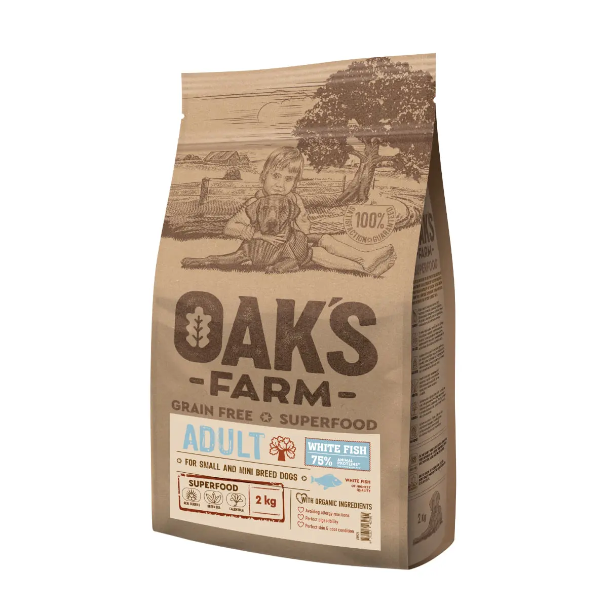 OAK'S FARM Mini Adult, XS-S, Peste alb, hrana uscata fara cereale caini, 2kg