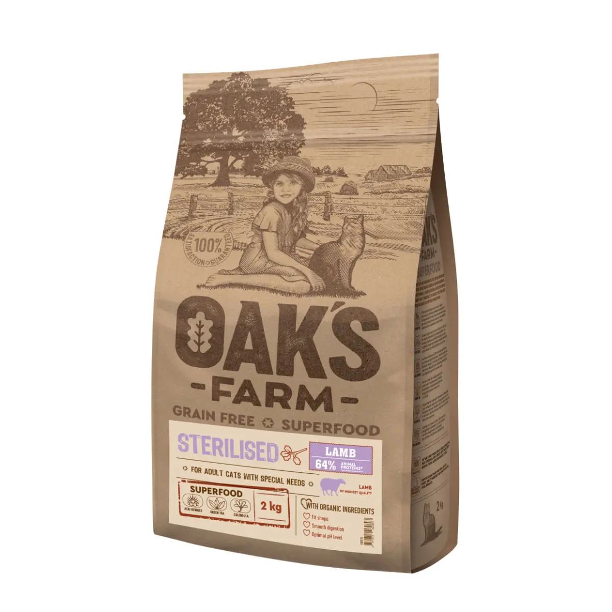 OAK'S FARM Sterilised, Miel, hrana uscata fara cereale pisici sterilizate, obezitate, 2kg