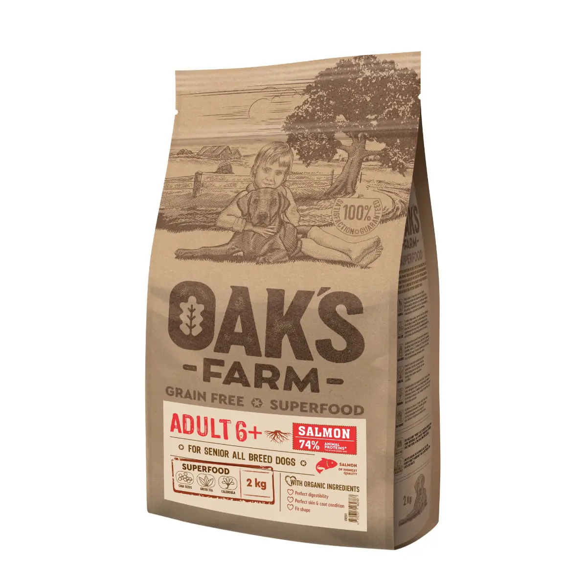 OAK'S FARM Senior 6+, XS-XL, Somon, hrana uscata fara cereale caini senior, 2kg