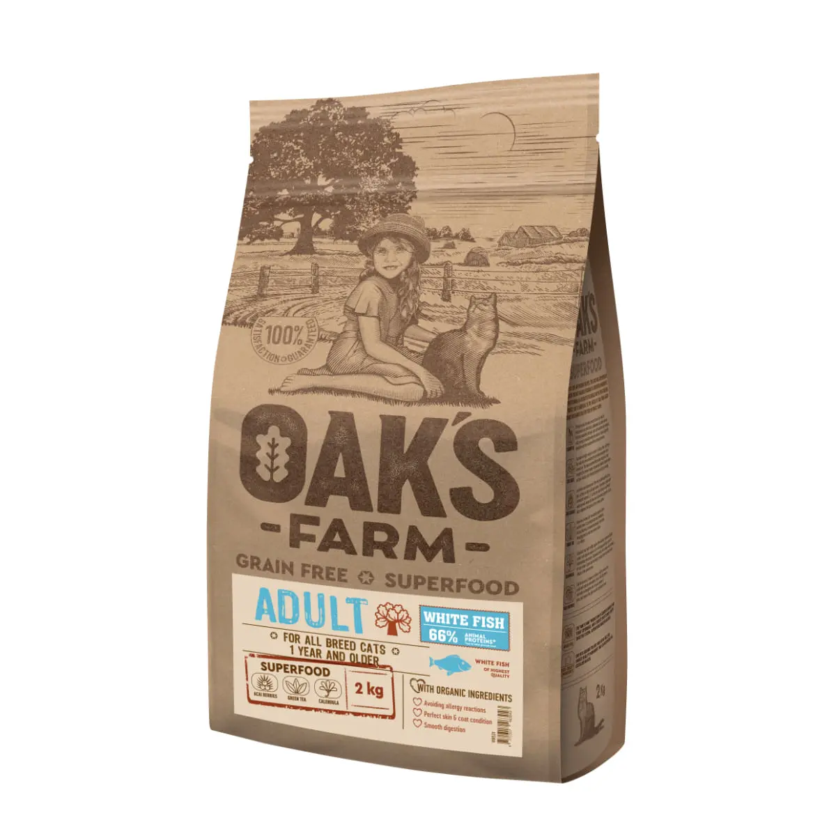 OAK'S FARM, Peste alb, hrana uscata fara cereale pisici, 400g