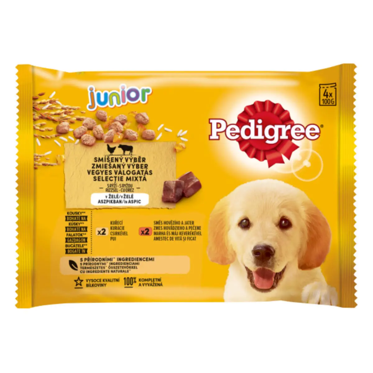 PEDIGREE Junior Selectie Mixta, XS-XL, Carne si Orez, plic hrana umeda caini junior, (in aspic), multipack, 100g x 4buc