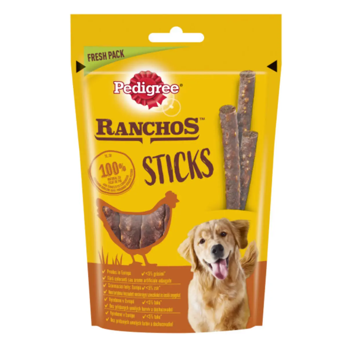 PEDIGREE Ranchos Sticks, XS-XL, Pui, punguta recompense caini, 60g