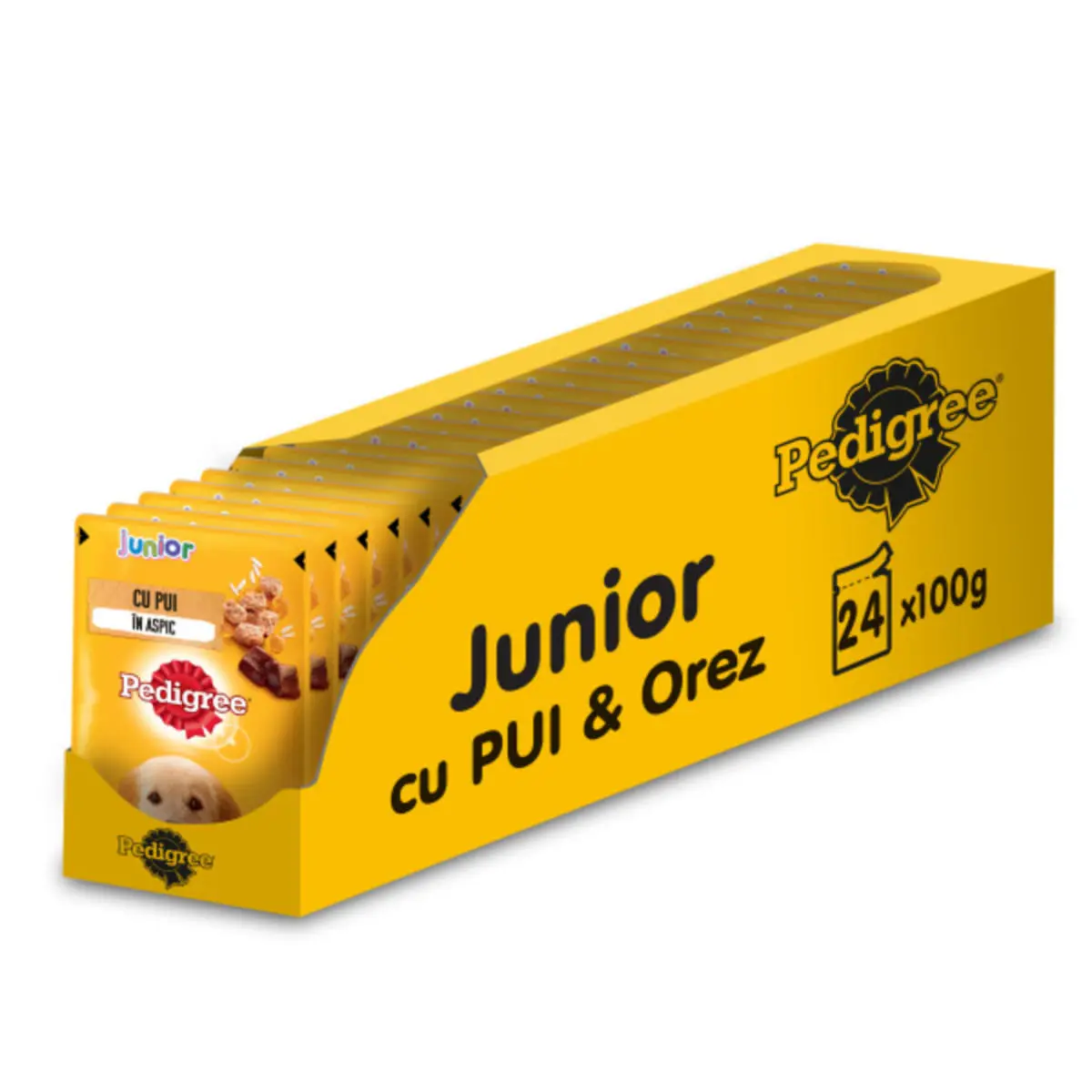 PEDIGREE Junior, XS-XL, Pui, plic hrana umeda caini junior, (in aspic), bax, 100g x 24buc