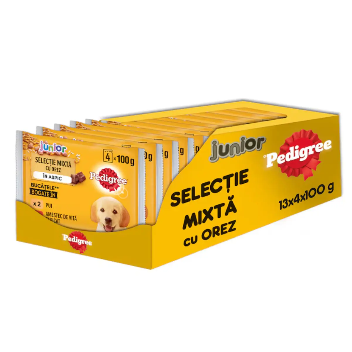 PEDIGREE Junior Selectie Mixta, XS-XL, Carne si Orez, plic hrana umeda caini junior, (in aspic), bax, 400g x 13buc