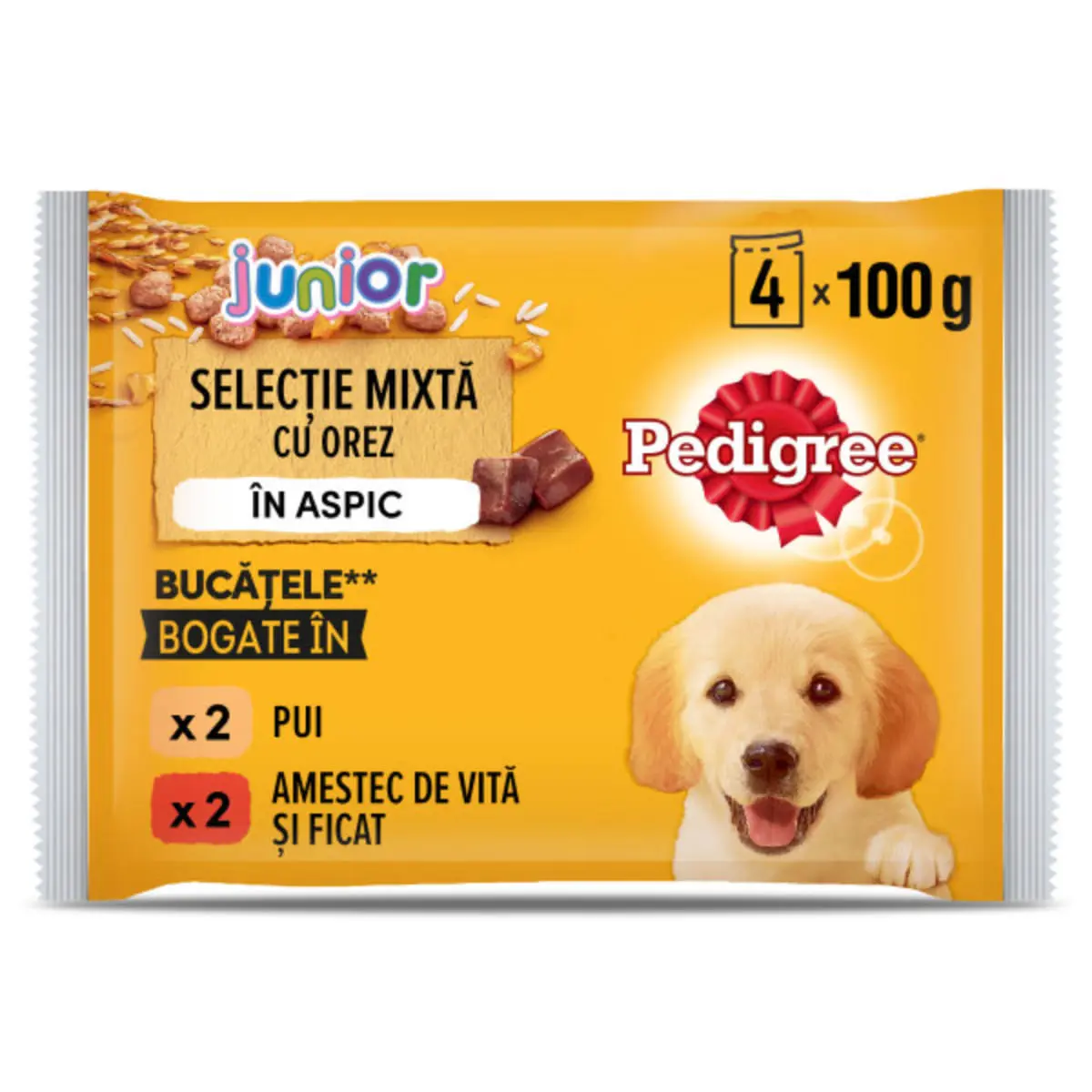 PEDIGREE Junior Selectie Mixta, XS-XL, Carne si Orez, plic hrana umeda caini junior, (in aspic), bax, 400g x 13buc - Image 3