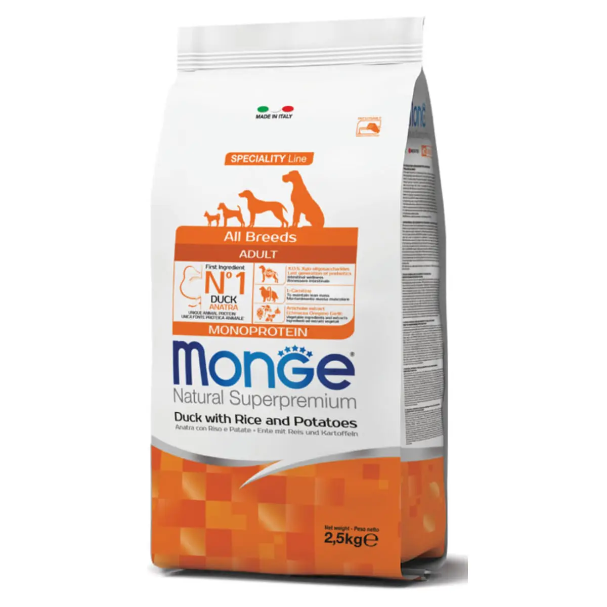MONGE Natural Superpremium Monoprotein, XS-XL, Rata si Orez, hrana uscata caini, 2.5kg