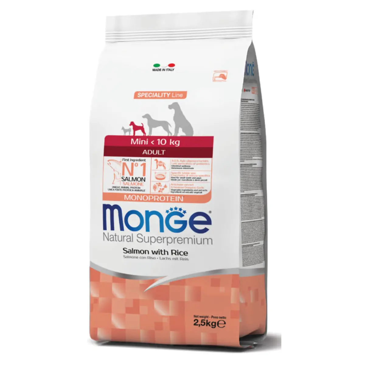 MONGE Natural Superpremium Monoprotein Adult Mini, XS-S, Somon si Orez, hrana uscata caini, 2.5kg
