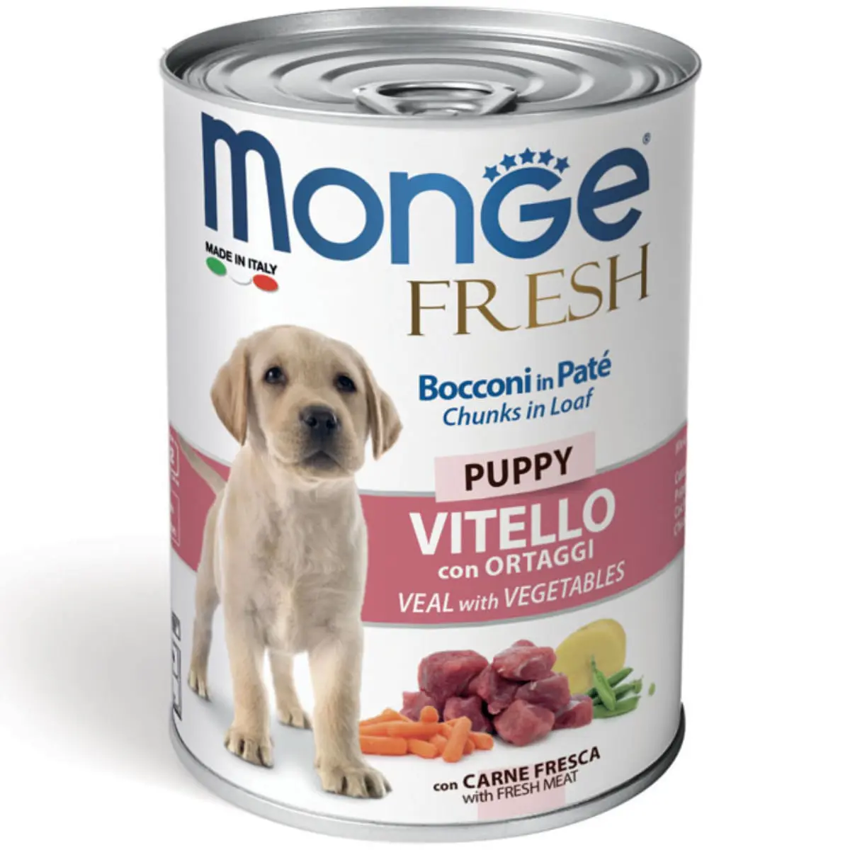 MONGE Fresh Puppy&Junior, XS-XL, Vitel si Legume, conserva hrana umeda caini junior, (in suc propriu), 400g - Image 2