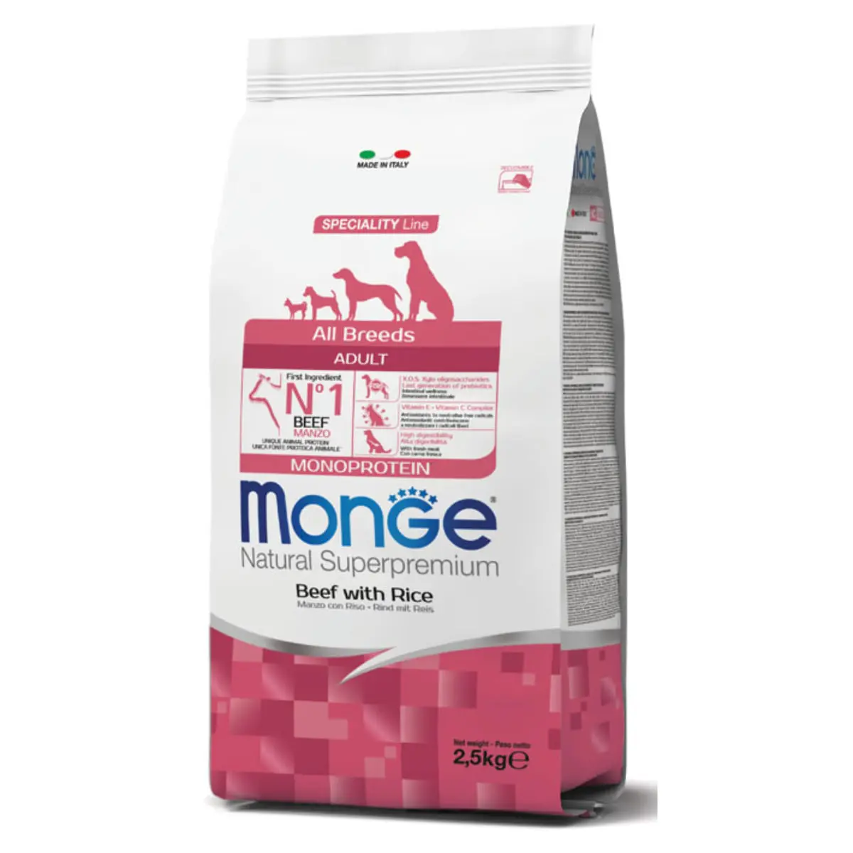 MONGE Natural Superpremium Monoprotein, XS-XL, Vita si Orez, hrana uscata caini, 2.5kg