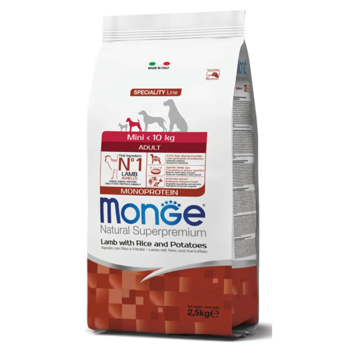 MONGE Natural Superpremium Monoprotein Adult Mini, XS-S, Miel si Orez, hrana uscata caini, 2.5kg