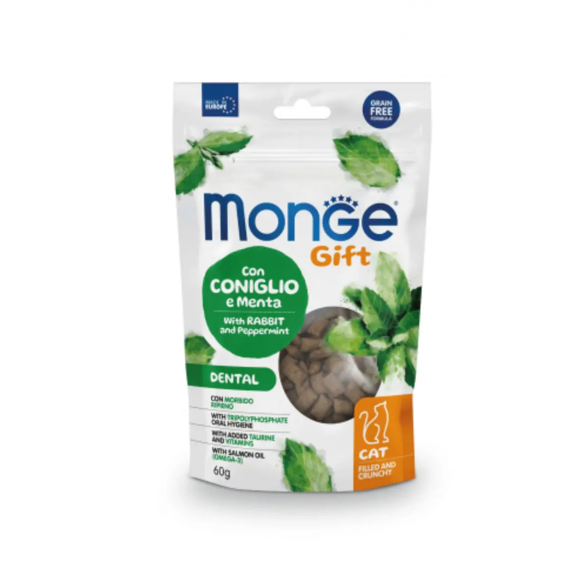 MONGE Gift Dental Filled & Crunchy, Iepure si Menta, punguta recompense functionale fara cereale pisici, sensibilitati dentare, 60g