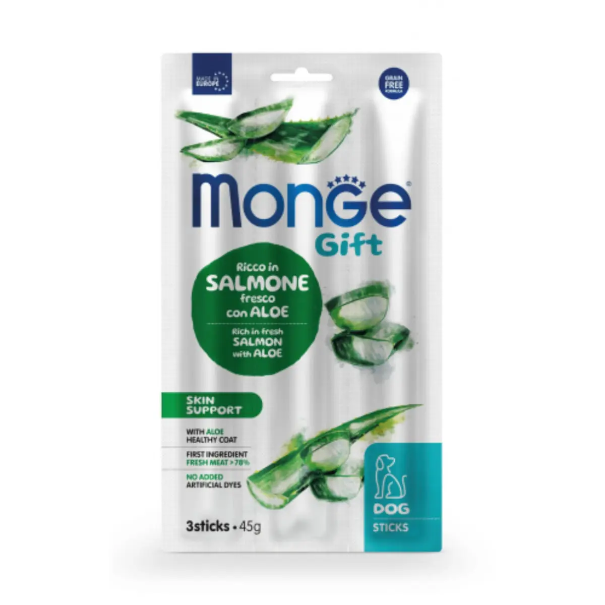 MONGE Gift Skin Support, XS-XL, Somon si Aloe Vera, punguta recompense functionale fara cereale caini, piele & blana, 45g