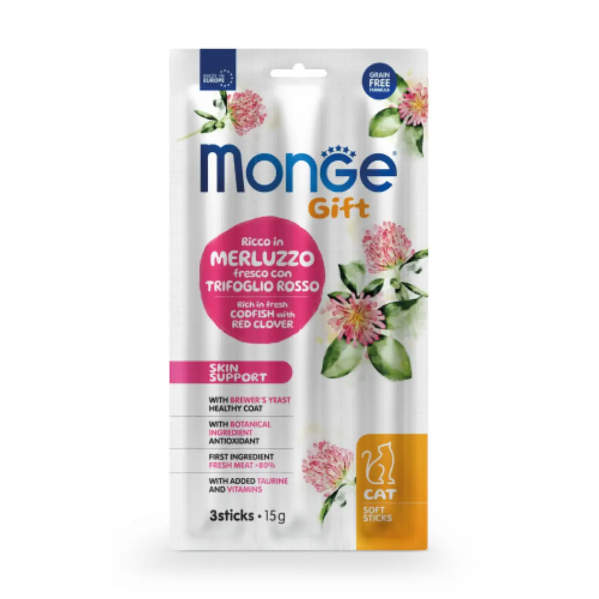 MONGE Gift Skin Support Soft Sticks, Cod si Trifoi, punguta recompense functionale fara cereale pisici, piele & blana, 15g