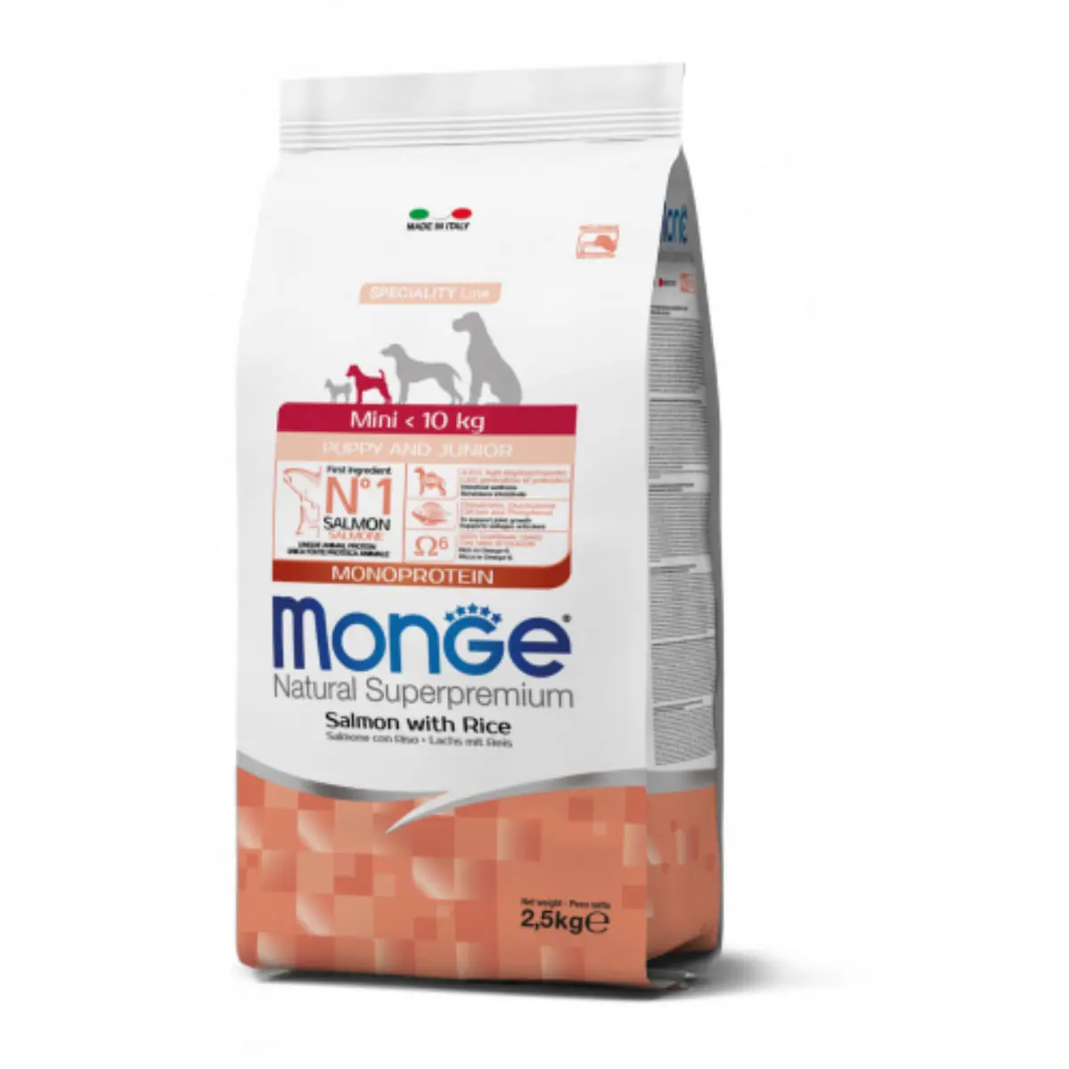 MONGE Natural Superpremium Monoprotein Puppy&Junior Mini, XS-S, Somon si Orez, hrana uscata caini junior, 7.5kg