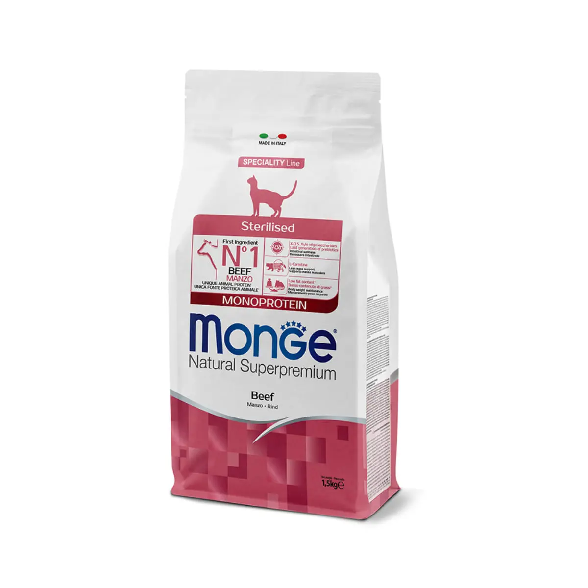 MONGE Natural Superpremium Monoprotein Sterilised, Vita, hrana uscata pisici sterilizate, 1.5kg