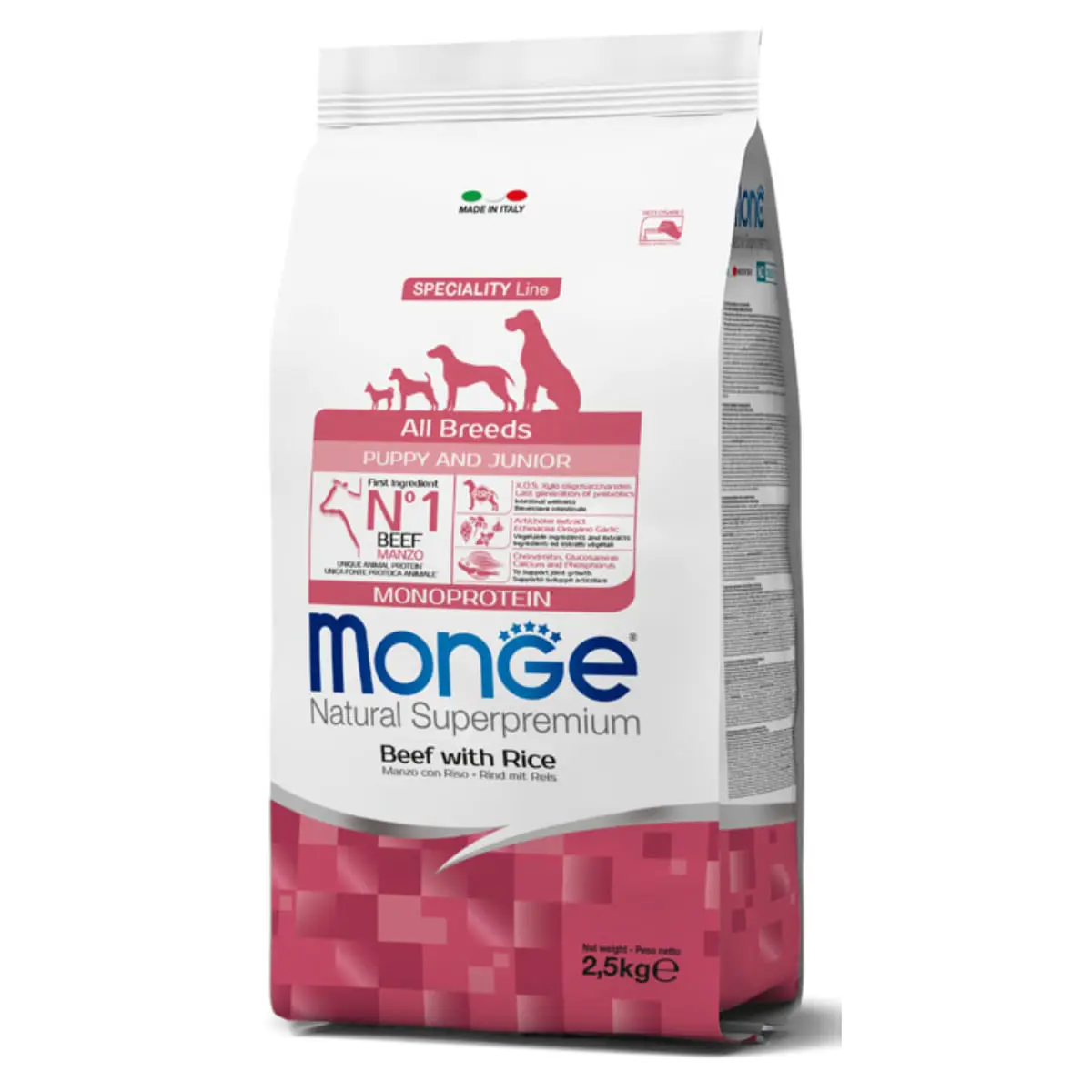 MONGE Natural Superpremium Monoprotein Puppy&Junior, XS-XL, Vita si Orez, hrana uscata caini junior, 2.5kg - Image 2
