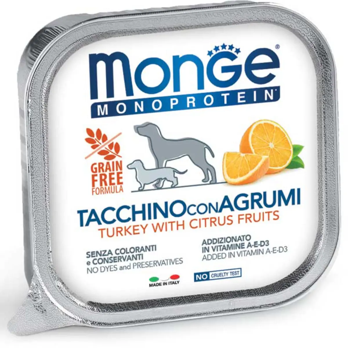 MONGE Monoprotein, XS-XL, Curcan si Fructe, tavita hrana umeda monoproteica fara cereale caini, (pate), 150g