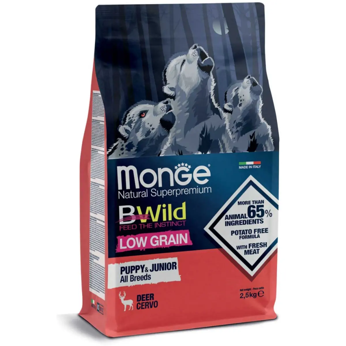 MONGE BWild Puppy & Junior, XS-XL, Caprioara, hrana uscata continut redus cereale caini junior, 2.5kg - Image 2