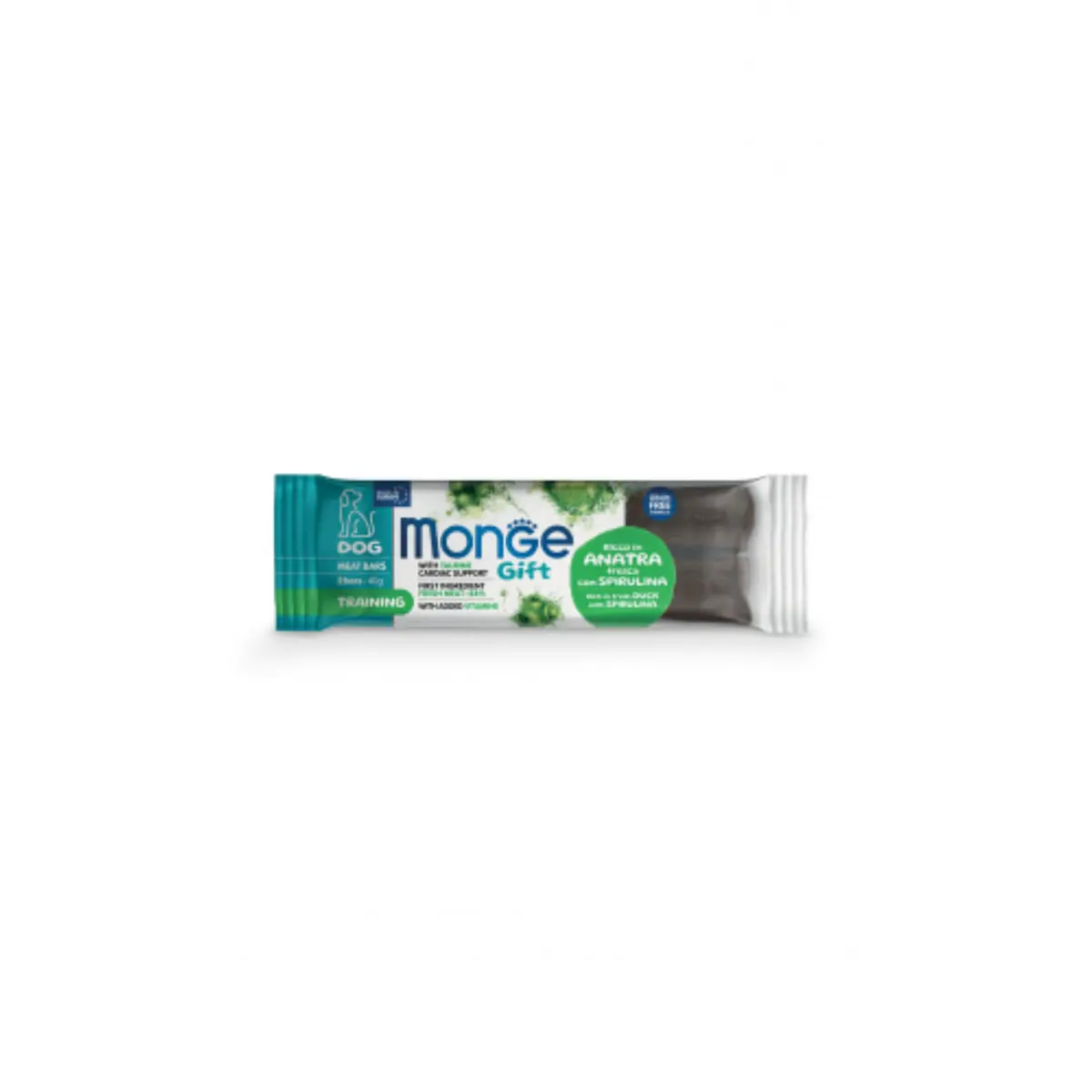 MONGE Gift Training Spirulina Meat Bars, XS-XL, Rata si Spirulina, punguta recompense functionale fara cereale caini, 40g