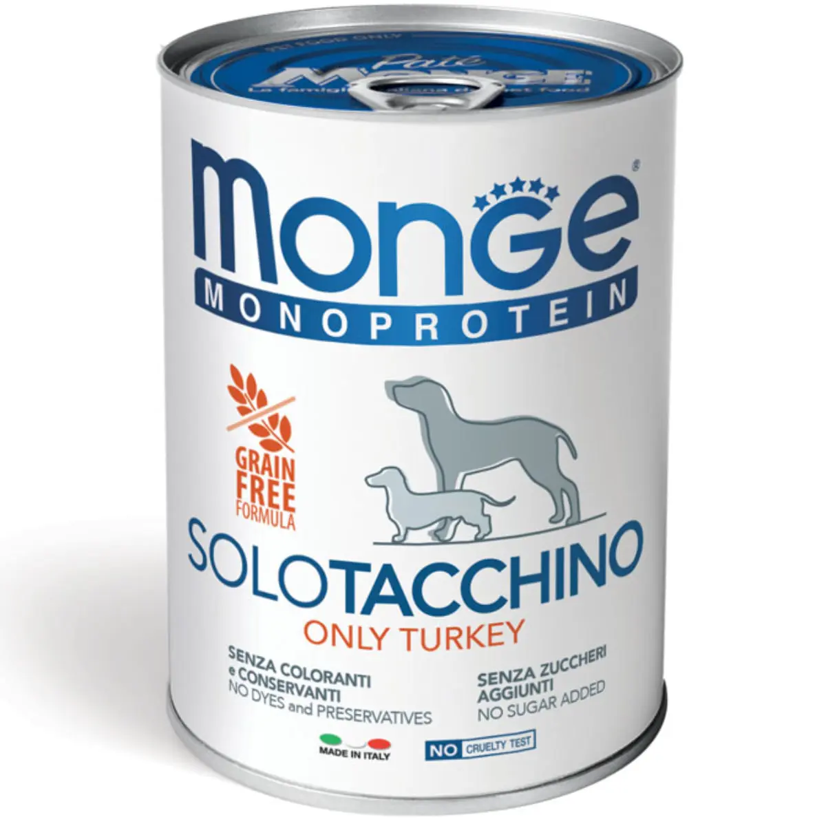 MONGE Monoprotein, XS-XL, Curcan, conserva hrana umeda monoproteica fara cereale caini, (pate), 400g