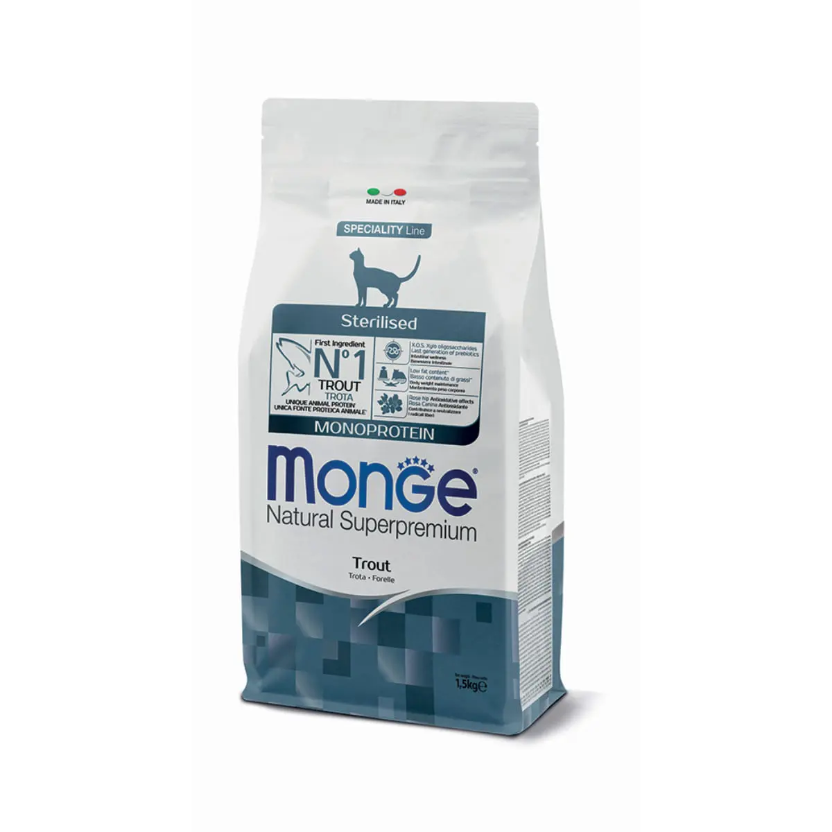 MONGE Natural Superpremium Monoprotein Sterilised, Pastrav, hrana uscata pisici sterilizate, 1.5kg