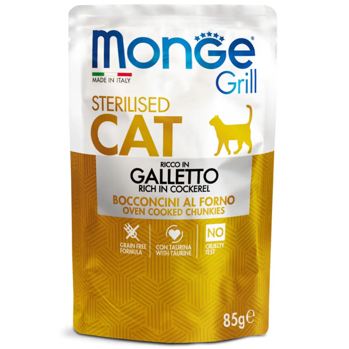 MONGE Grill Sterilised, Cocos, plic hrana umeda fara cereale pisici sterilizate, obezitate, (in aspic), 85g