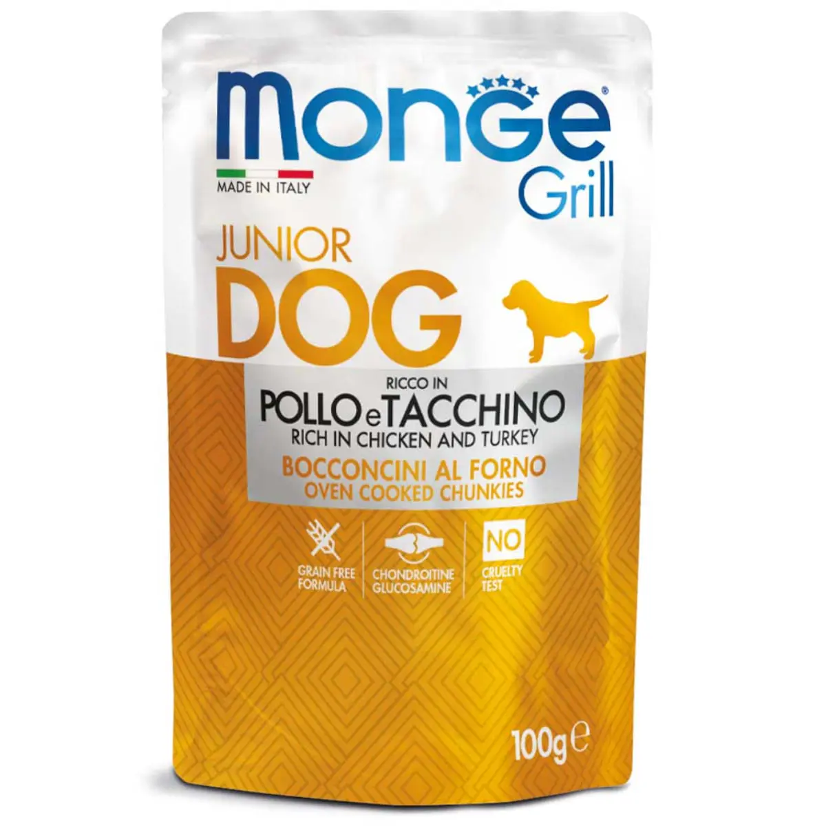 MONGE Grill Junior, XS-XL, Pui si Curcan, plic hrana umeda caini junior, (in suc propriu), 100g